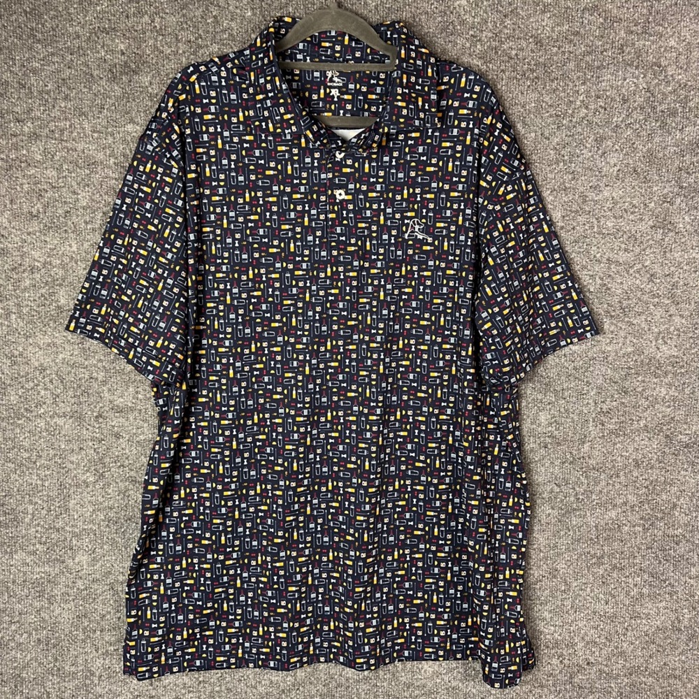 Rhoback Polo Shirt Mens XL Navy Blue Cocktail Bar Print Short Sleeve